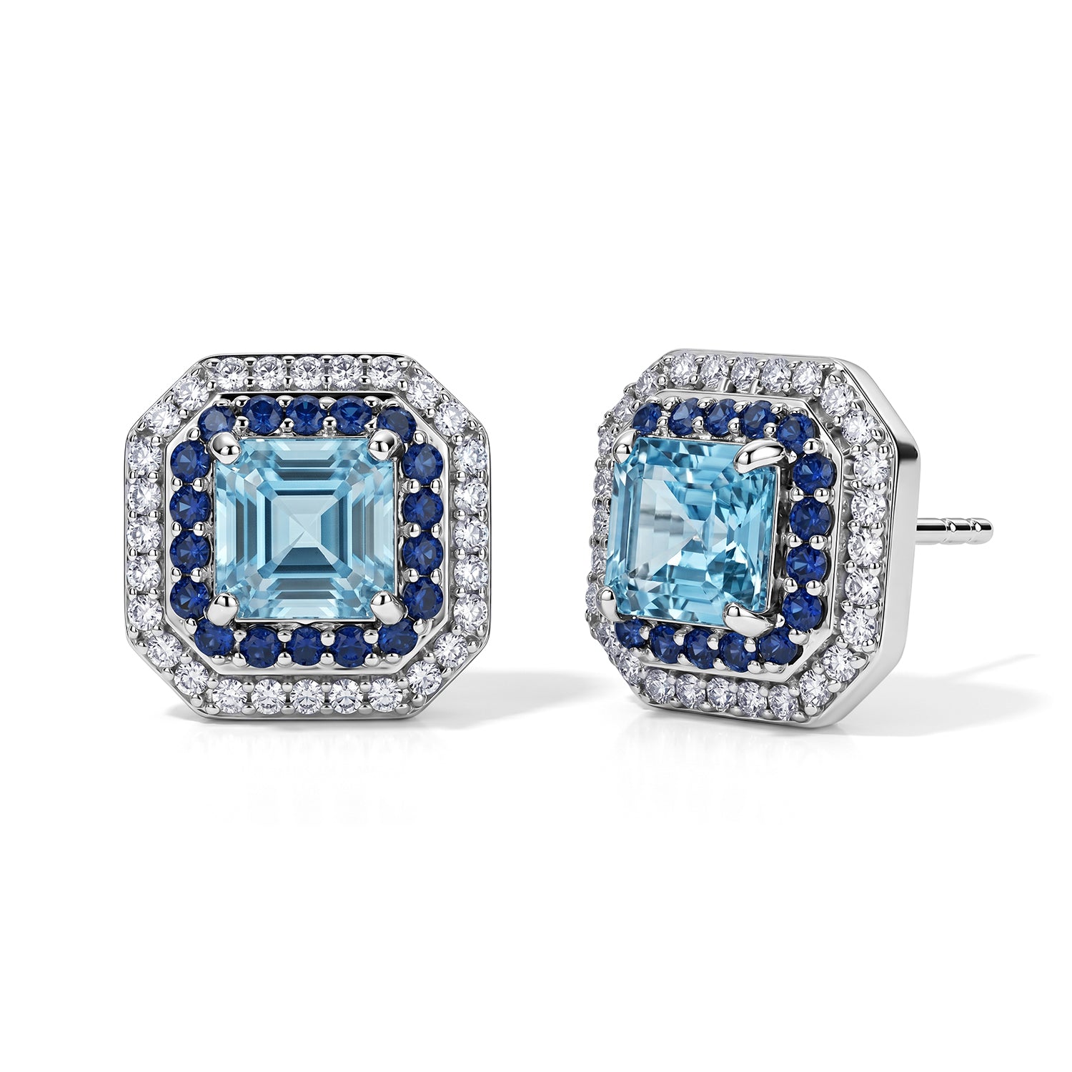 D'Joy AA blaue Zirkon, blaue Saphir und Moissanit Halo Ohrringe, 925 Silber rhodiniert - 3,37 ct.