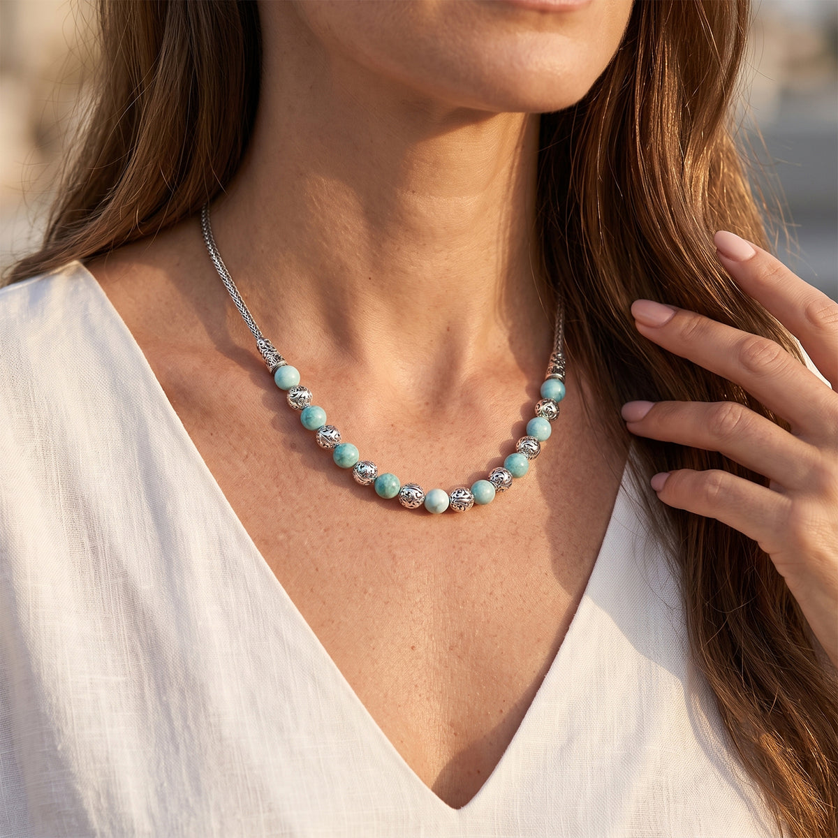 D'Joy AA Larimar Halskette ca. 50 cm 925 Silber ca. 34,46 ct.