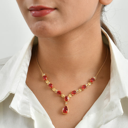 EverTrue Rubin Feuer Triplett Quarz und Zirkon 45cm Halskette, 950 Kupfer mit Gelbgold E-Beschichtung, Edelstahl Kette - 14,19 ct.