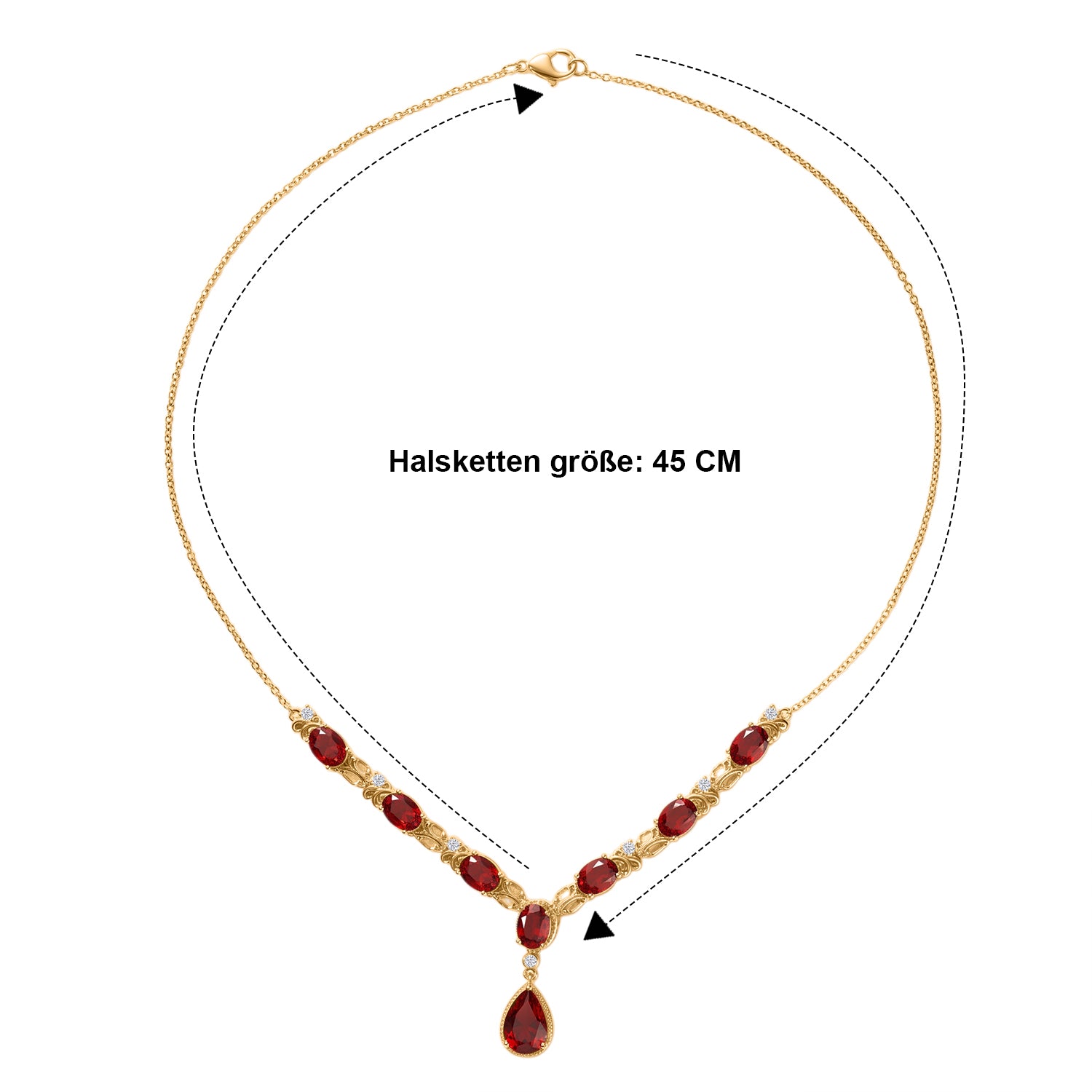 EverTrue Rubin Feuer Triplett Quarz und Zirkon 45cm Halskette, 950 Kupfer mit Gelbgold E-Beschichtung, Edelstahl Kette - 14,19 ct.