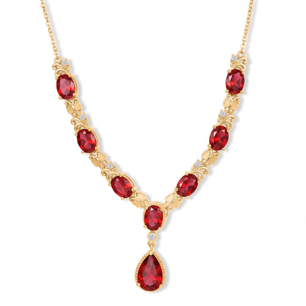 EverTrue Rubin Feuer Triplett Quarz und Zirkon 45cm Halskette, 950 Kupfer mit Gelbgold E-Beschichtung, Edelstahl Kette - 14,19 ct.
