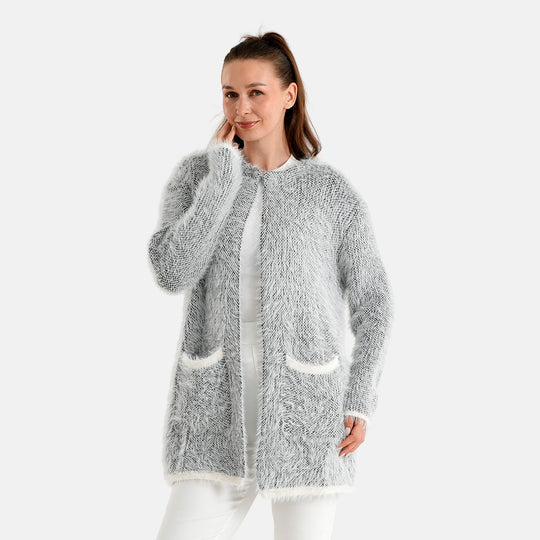 LA MAREY Strickjacke in Melange-Optik mit Kontrastbesatz und aufgesetzten Taschen, Einheitsgröße, passend für 36-42, Grau