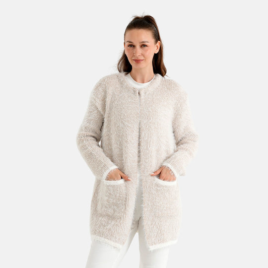 LA MAREY Strickjacke in Melange-Optik mit Kontrastbesatz und aufgesetzten Taschen, Einheitsgröße, passend für 36-42, Grau