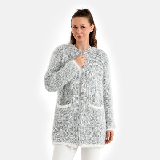 LA MAREY Strickjacke in Melange-Optik mit Kontrastbesatz und aufgesetzten Taschen, Einheitsgröße, passend für 36-42, Grau