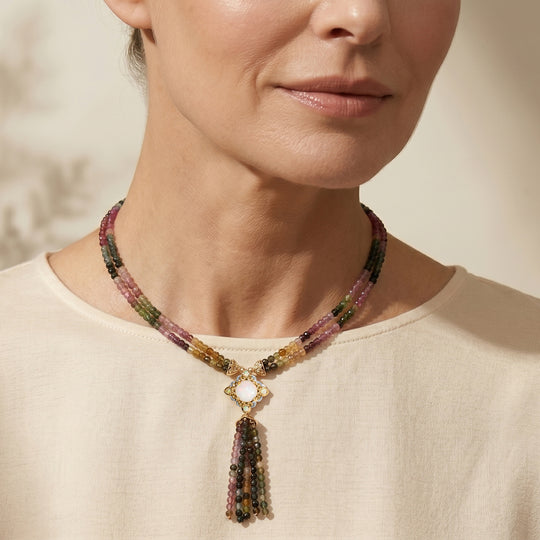 D'Joy Mehrfarbig-Turmalin, Natürlicher, äthiopischer Welo Opal Halskette ca. 45 cm 925 Silber Rhodiniert und 750 Gelbgold Vermeil ca. 72,11 ct.