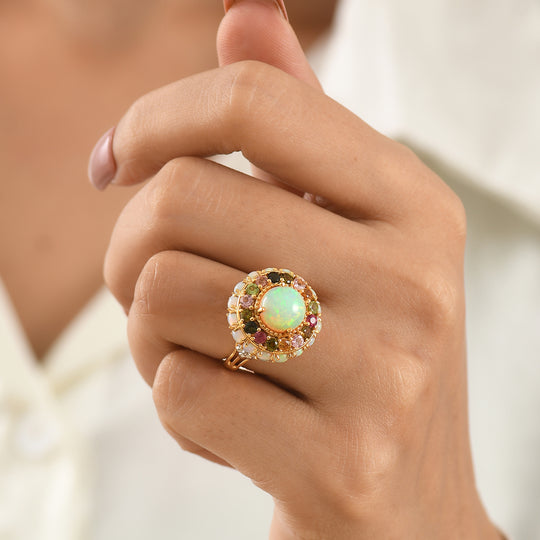 D'Joy AA Natürlicher, äthiopischer Welo Opal, Mehrfarbig-Turmalin Ring 925 Silber Rhodiniert und 750 Gelbgold Vermeil (Größe 21.00) ca. 4,40 ct