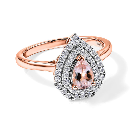 D'Joy AA Rosa Morganit, Moissanit AGI zertifiziert Ring 925 Silber 750 Roségold vermeil (Größe 18.00) ca. 1,33 ct
