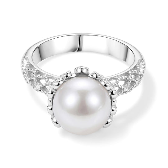 D'Joy Weiße Edison Perle (10-11 mm), Lab Grown Diamant Ring 925 Silber Rhodiniert (Größe 19.00)