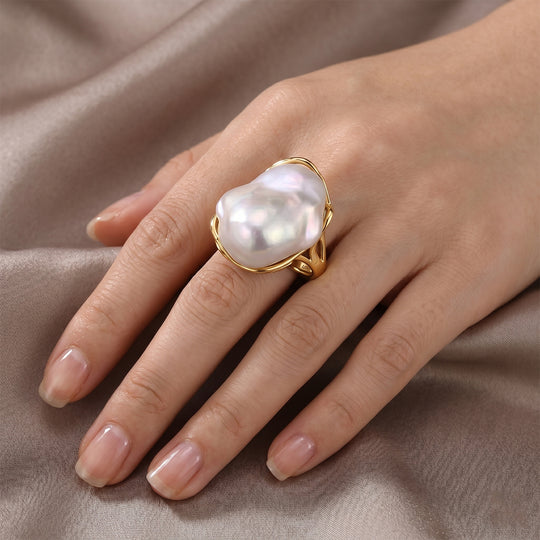 D'Joy weiße Barockperle (13-16 mm) Solitär Ring, 925 Silber vergoldet