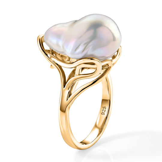 D'Joy weiße Barockperle (13-16 mm) Solitär Ring, 925 Silber vergoldet