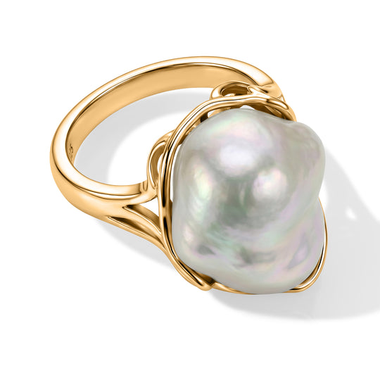 D'Joy weiße Barockperle (13-16 mm) Solitär Ring, 925 Silber vergoldet