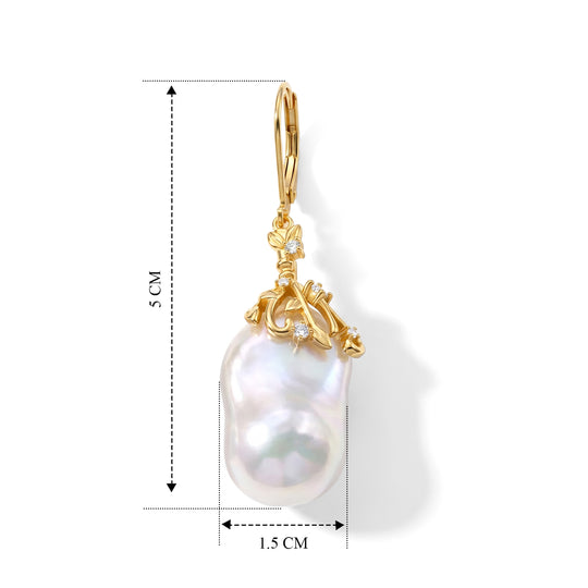 D'Joy Weiße Barockperle (13-16mm) und Moissanit Ohrringe, 925 Silber vergoldet