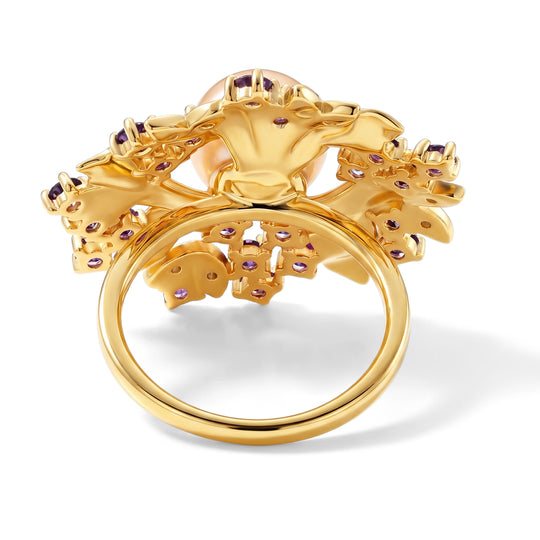 D'Joy Pfirsich Edison Perle, afrikanischer Amethyst und Moissanit Ring, 925 Silber vergoldet