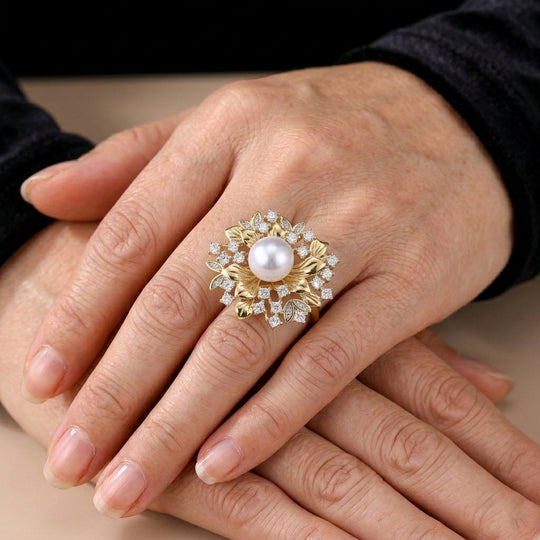 D'Joy weißer Edison Perle (10-11 mm) und Moissanit Ring, 925 Silber vergoldet