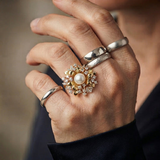 D'Joy weißer Edison Perle (10-11 mm) und Moissanit Ring, 925 Silber vergoldet