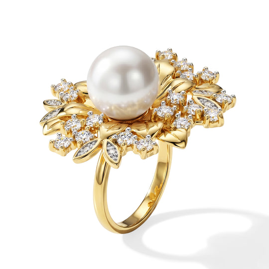 D'Joy weißer Edison Perle (10-11 mm) und Moissanit Ring, 925 Silber vergoldet