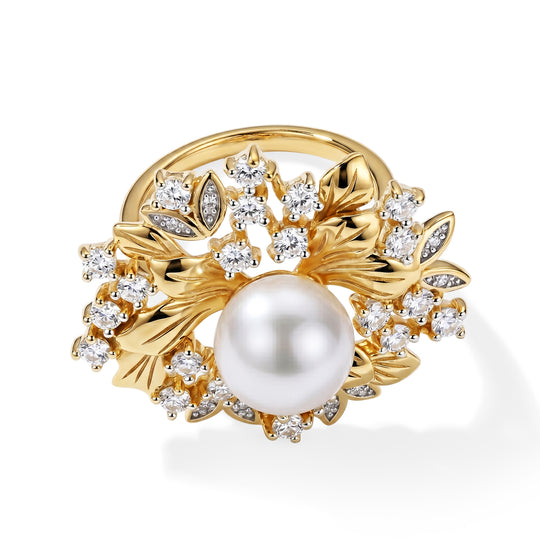 D'Joy weißer Edison Perle (10-11 mm) und Moissanit Ring, 925 Silber vergoldet