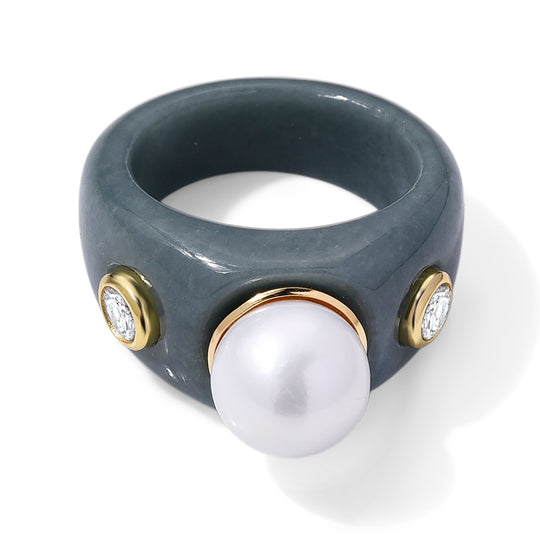 D'Joy weißer Edison 10-11mm Perle, natürlicher Olmek-Jadeit und Moissanit Ring, 925 Silber vergoldet