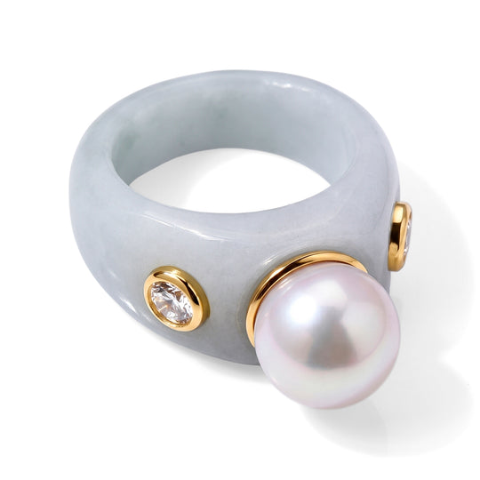 D'Joy weißer Edison 10-11mm Perle, natürlicher weißer Jadeit und Moissanit Ring, 925 Silber vergoldet