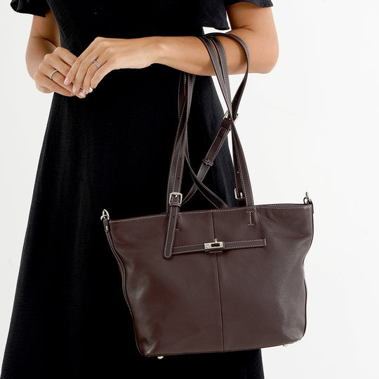 LA MAREY Echtleder-Shopper mit Reißverschlussfächern, 30 x 13 x 27 cm, Dunkelgrün