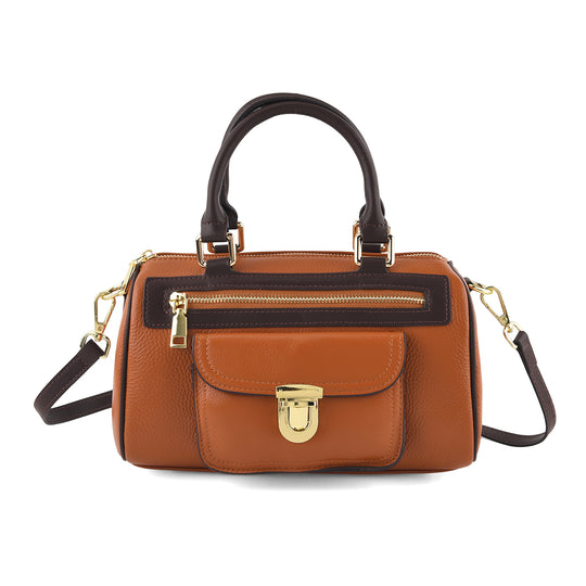 LA MAREY Echtleder-Umhängetasche mit 3 Außenfächern und goldfarbenen Beschlägen, 25,5x13x13,5cm, Schwarz