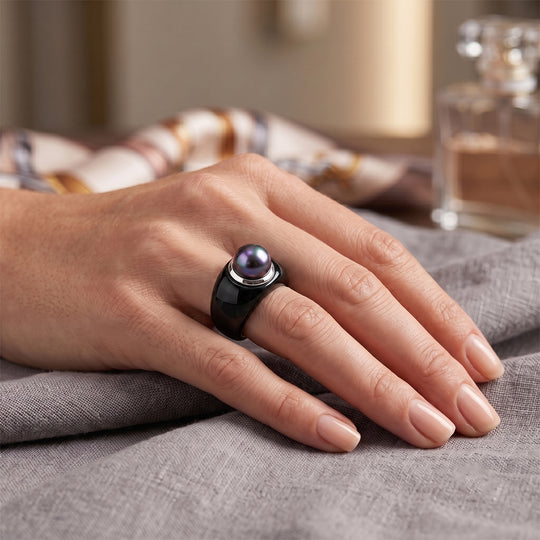 D'Joy schwarzer Jade und 9-10mm Tahiti Perle Ring