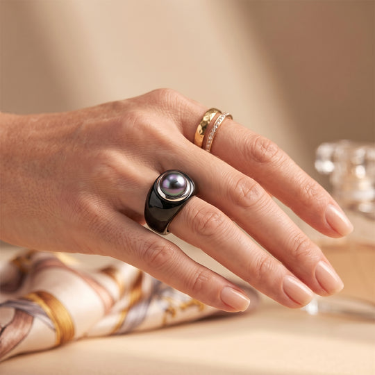 D'Joy schwarzer Jade und 9-10mm Tahiti Perle Ring