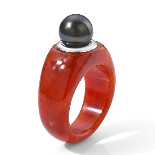 D'Joy gefärbter roter Jade und 9-10mm Tahiti Perle Ring, 925 Silber rhodiniert