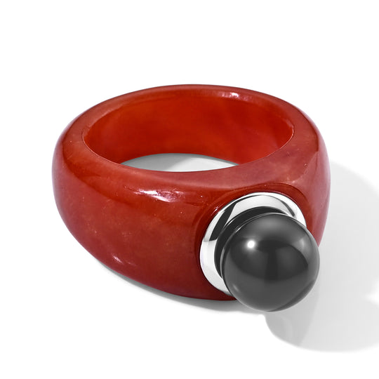 D'Joy gefärbter roter Jade und 9-10mm Tahiti Perle Ring, 925 Silber rhodiniert