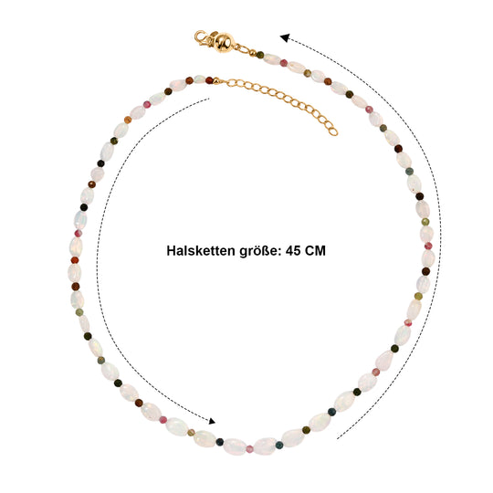 D'Joy AAA Natürlicher, äthiopischer Welo Opal, Mehrfarbige-Turmalin Halskette ca. 45 cm 925 Silber 750 Gelbgold vermeil ca. 44.00 ct