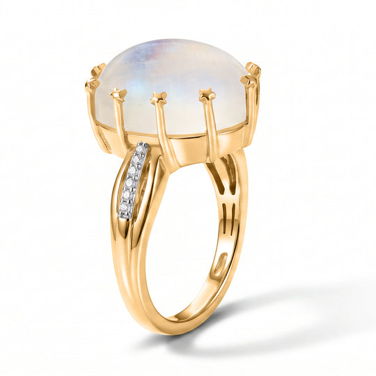D'Joy Regenbogen Mondstein, Weißer Zirkon Ring 925 Silber 750 Gelbgold vermeil (Größe 19.00) ca. 9,29 ct