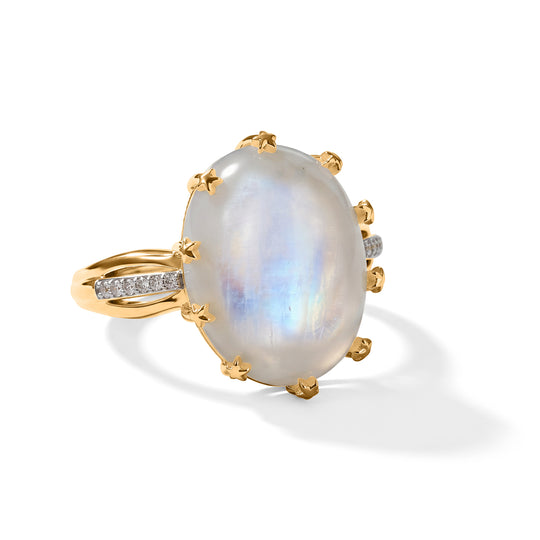D'Joy Regenbogen Mondstein, Weißer Zirkon Ring 925 Silber 750 Gelbgold vermeil (Größe 19.00) ca. 9,29 ct