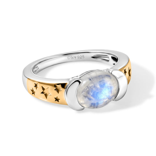 D'Joy Regenbogen Mondstein Ring 925 Silber Platiniert und vergoldet (Größe 21.00) ca. 2,49 ct