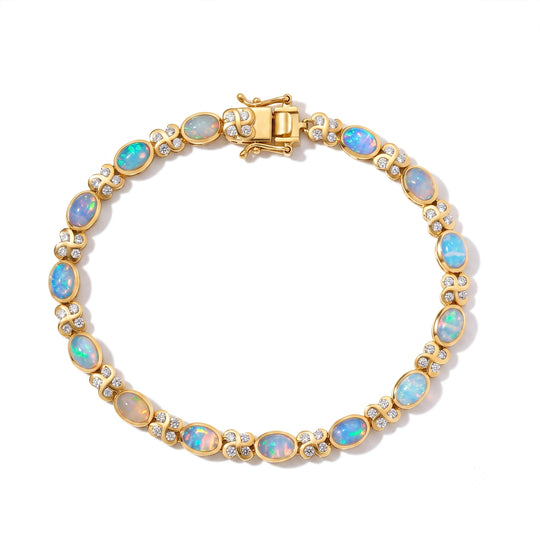D'Joy AA Natürlicher, äthiopischer Welo Opal, Weißer Zirkon Armband ca. 19 cm 925 Silber 750 Gelbgold vermeil ca. 7,56 ct.