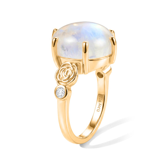 D'Joy AA Regenbogen Mondstein, Moissanit Ring 925 Silber 750 Gelbgold vermeil (Größe 18.00) ca. 10,68 ct