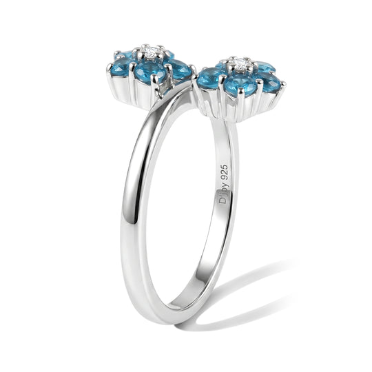 D'Joy Neon Apatit und Moissanit floraler Bypass Ring, 925 Silber platiniert - 0,87 ct.