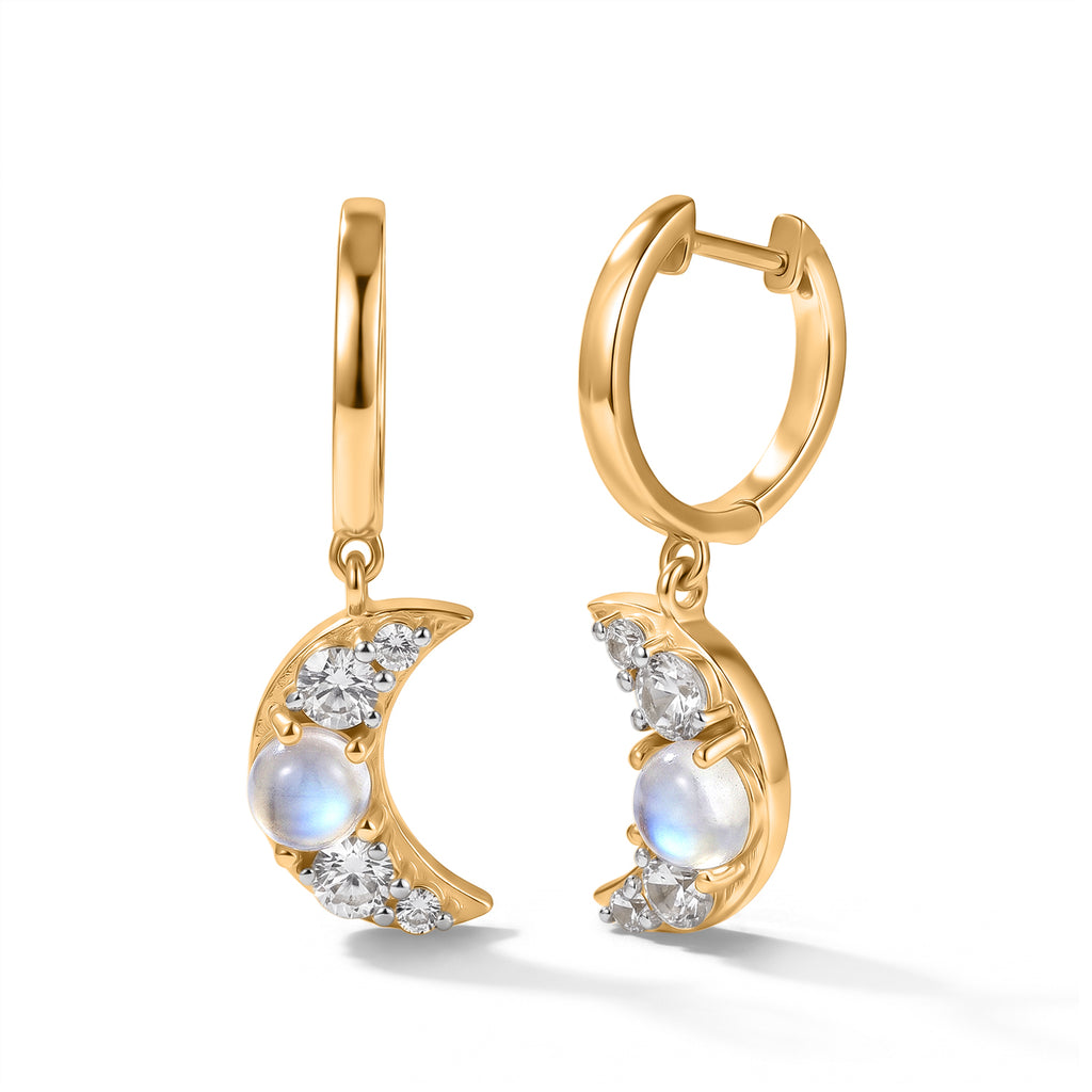 D'Joy Regenbogen Mondstein, Weißer Zirkon Ohrringe 925 Silber Gold ca. 2,43 ct.