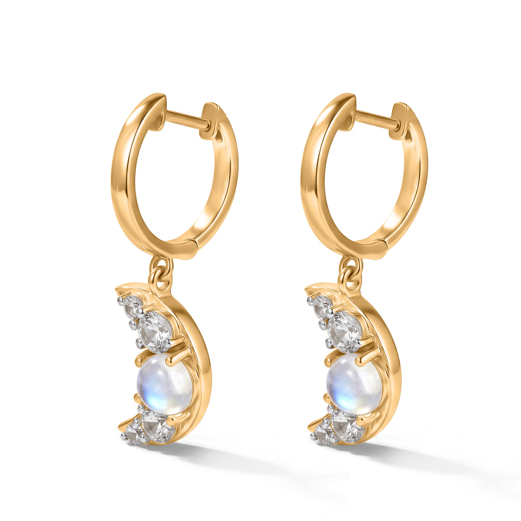 D'Joy Regenbogen Mondstein, Weißer Zirkon Ohrringe 925 Silber Gold ca. 2,43 ct.