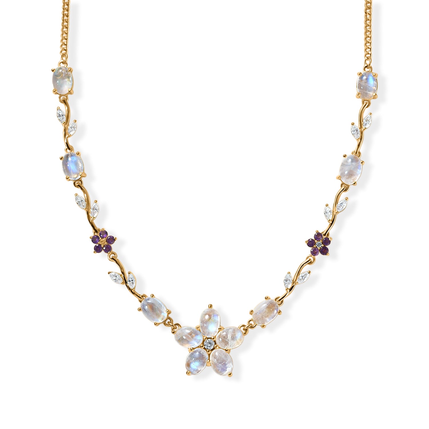 D'Joy Regenbogen Mondstein, Weißer Zirkon Halskette ca. 45 cm 925 Silber 750 Gelbgold vermeil ca. 11.96 ct