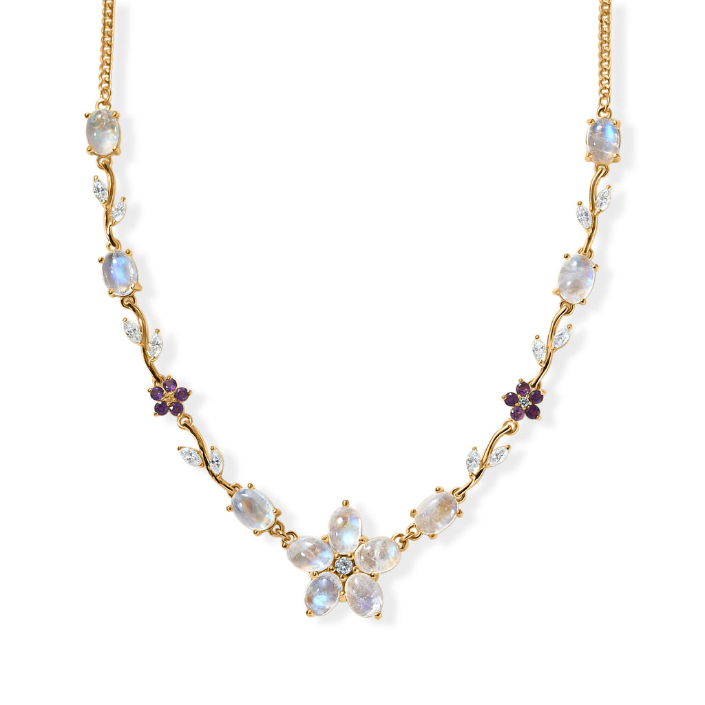 D'Joy Regenbogen Mondstein, Weißer Zirkon Halskette ca. 45 cm 925 Silber 750 Gelbgold vermeil ca. 11.96 ct
