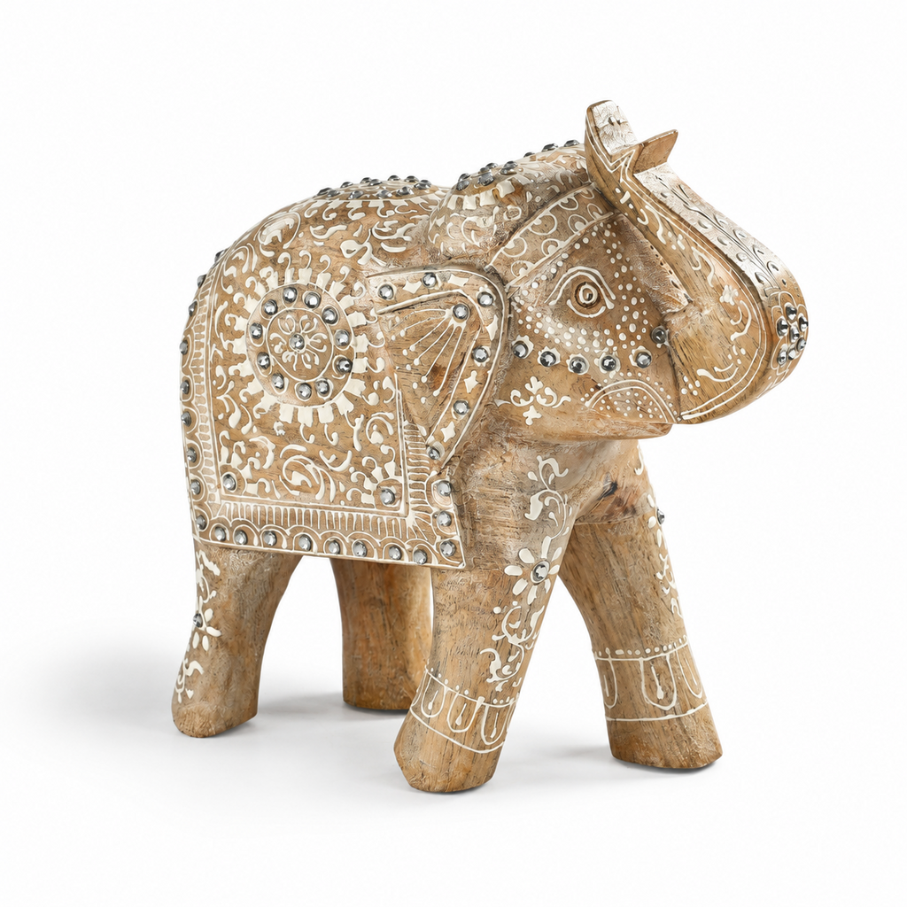 Bliss & Beyond Hand Painted Cone Work Elephant Figurine Size- 21.59X35.56x17.78 Cm  Color-White Washed