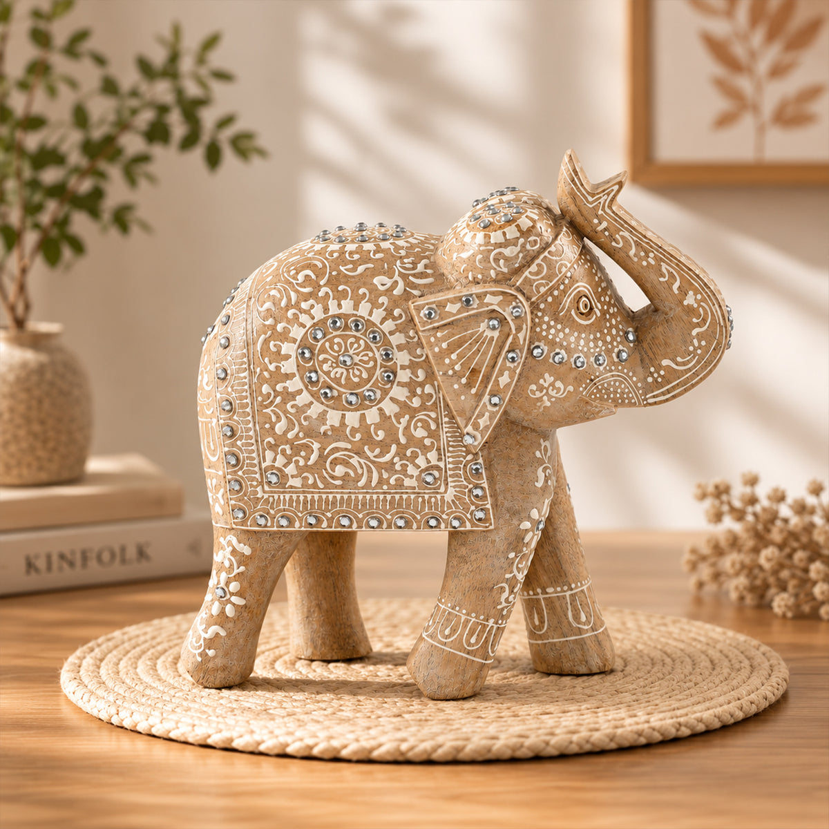 Bliss & Beyond Hand Painted Cone Work Elephant Figurine Size- 21.59X35.56x17.78 Cm  Color-White Washed