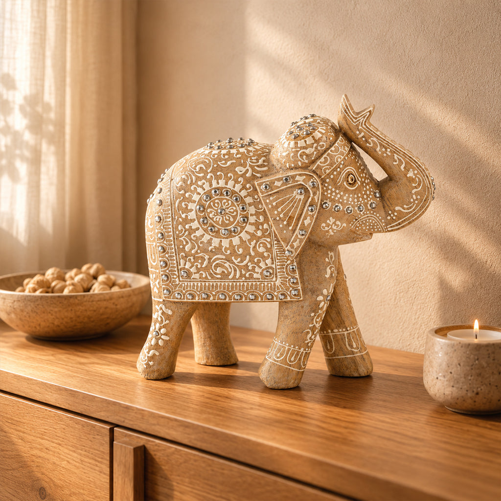 Bliss & Beyond Hand Painted Cone Work Elephant Figurine Size- 21.59X35.56x17.78 Cm  Color-White Washed