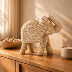 Bliss & Beyond Hand Painted Cone Work Elephant Figurine Size- 21.59X35.56x17.78 Cm  Color-White Washed