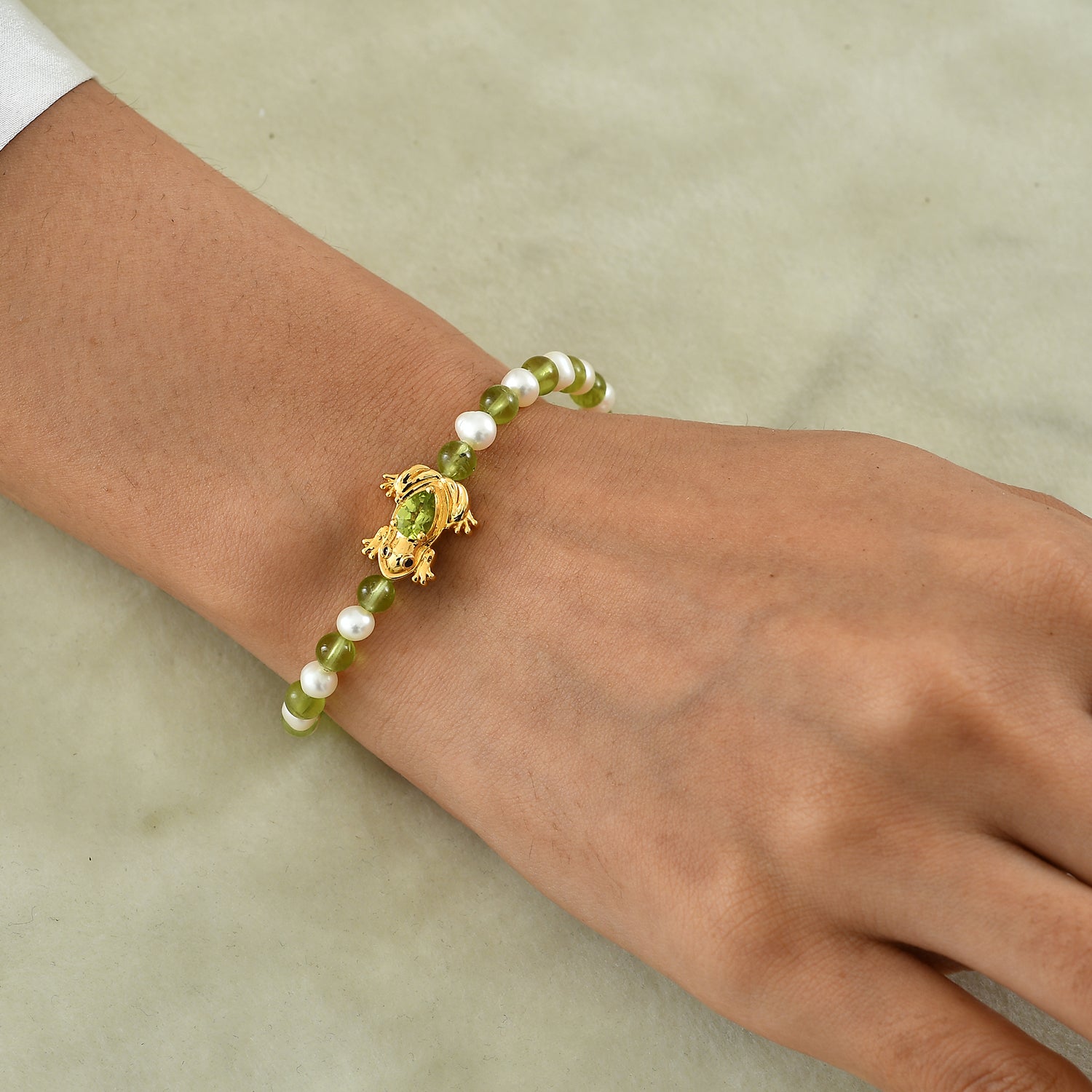 GP Trionfo Kollektion  - Peridot, Süßwasser Perle (5mm) Armband ca. 19 + 2 cm Extender 925 Silber 750 Gelbgold vermeil 26.17 ct