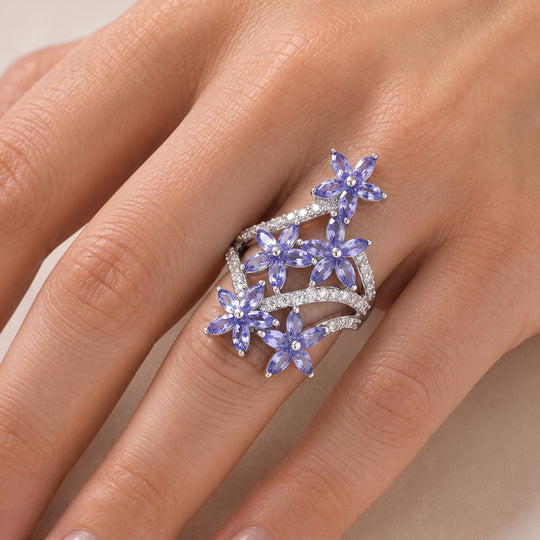 D'Joy AA Tansanit und Zirkon floraler Ring, 925 Silber rhodiniert - 2,87 ct.