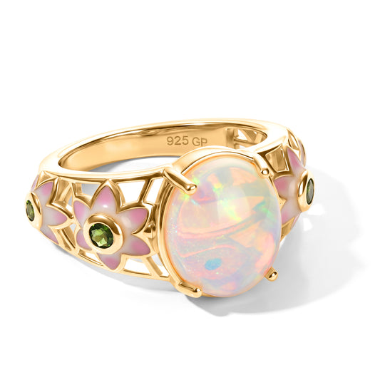 GP Italienischer Garten Kollektion - AA Natürlicher, äthiopischer Welo Opal, Natürlicher Chromdiopsid Ring Mit Pinker Emaille 925 Silber 750 Gelbgold vermeil (Größe 20.00) ca. 3.05 ct