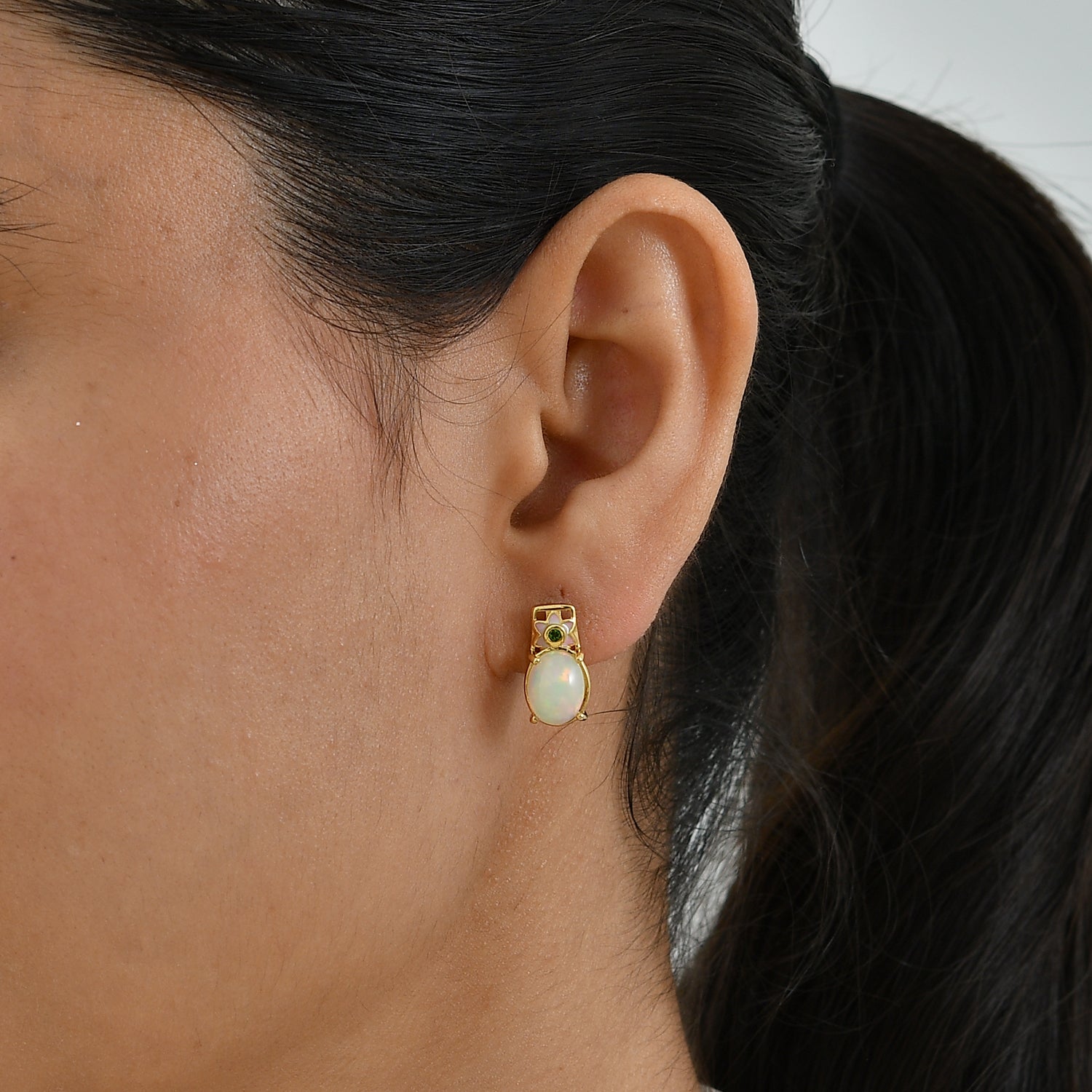 GP - AA Natürlicher, äthiopischer Welo Opal, Natürlicher Chromdiopsid Ohrringe 925 Silber 750 Gelbgold vermeil ca. 2,34 ct.