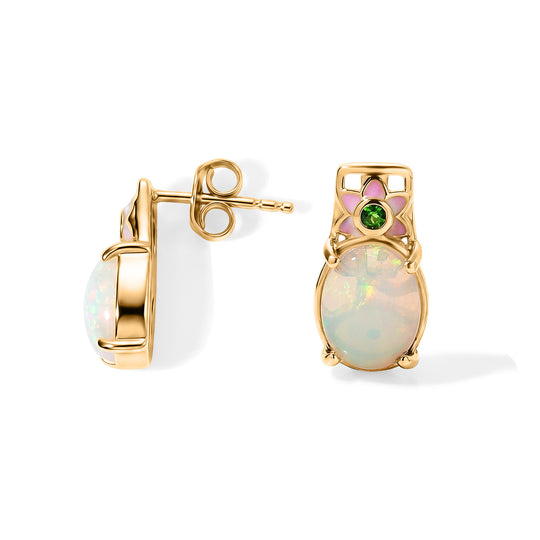 GP - AA Natürlicher, äthiopischer Welo Opal, Natürlicher Chromdiopsid Ohrringe 925 Silber 750 Gelbgold vermeil ca. 2,34 ct.