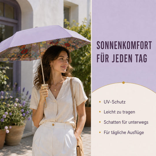 Taschenschirm mit Blumen-Innenprint und UV-Schutz, 5-fach faltbar, Strebenlänge 50cm, Dunkelblau